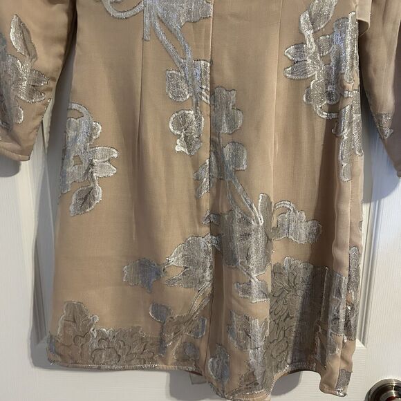 Self Portrait Dress Metallic Fil Coupe Ruffle Mini Beige Tan Silver Cocktail 4 - Picture 11 of 15